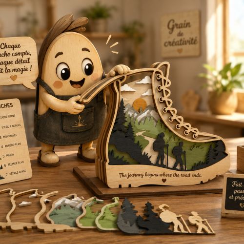 La mascotte Grain de Créativité présente une bottine en bois au décor multicouches