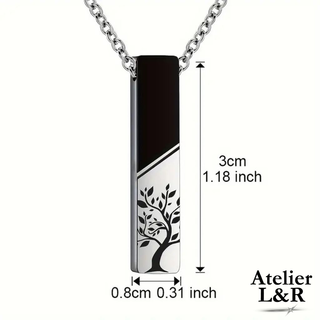 Pendentif rectangulaire en acier inoxydable gravé d'un arbre de vie, avec dimensions indiquées.