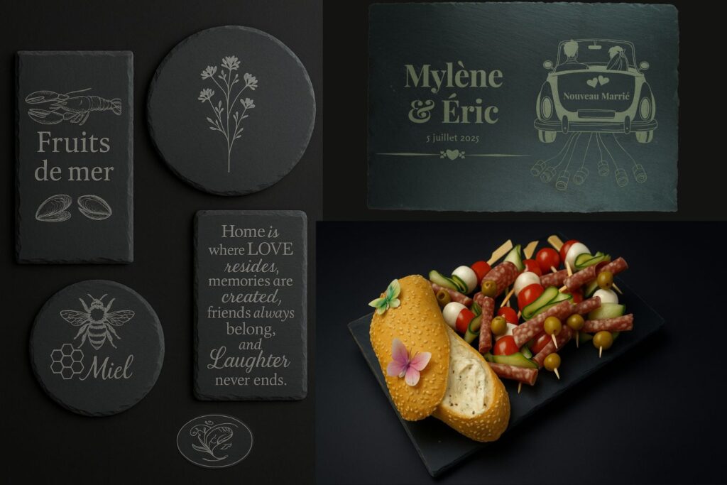 Ardoises gravées personnalisées — Fruits de mer, Miel, citation, motif floral — création Atelier L & R.