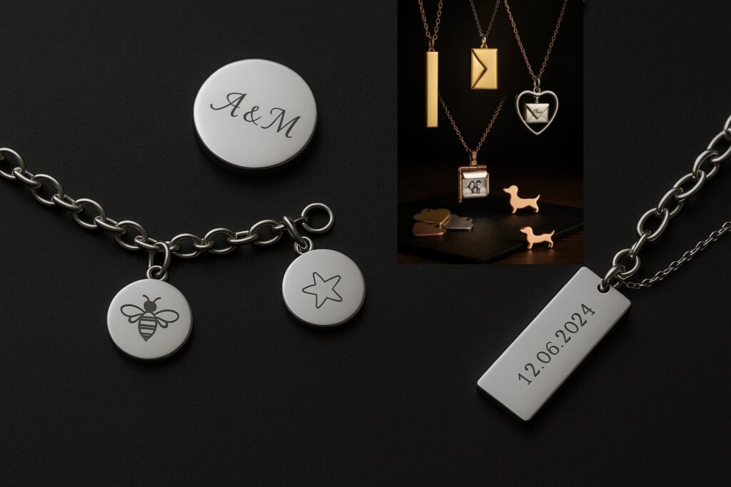 Bijoux personnalisés gravés — pendentifs, colliers, charms — création Atelier L & R.