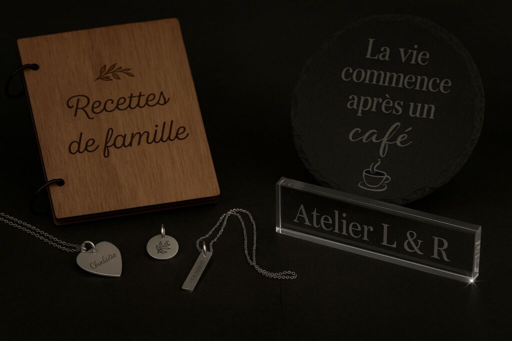 Cadeaux personnalisés Atelier L & R — livres en bois, bijoux, ardoises, plexiglass gravés.