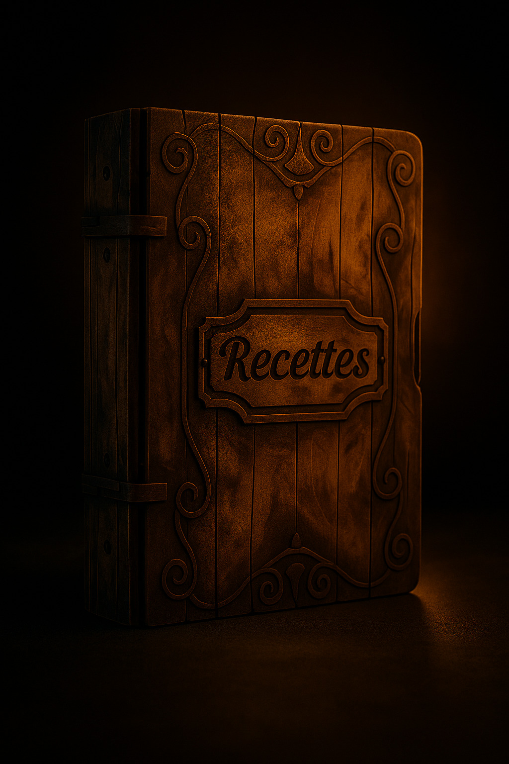 Livre de recettes en bois gravé avec le mot "Recettes" sur la couverture, style ancien et artisanal, éclairage chaleureux.