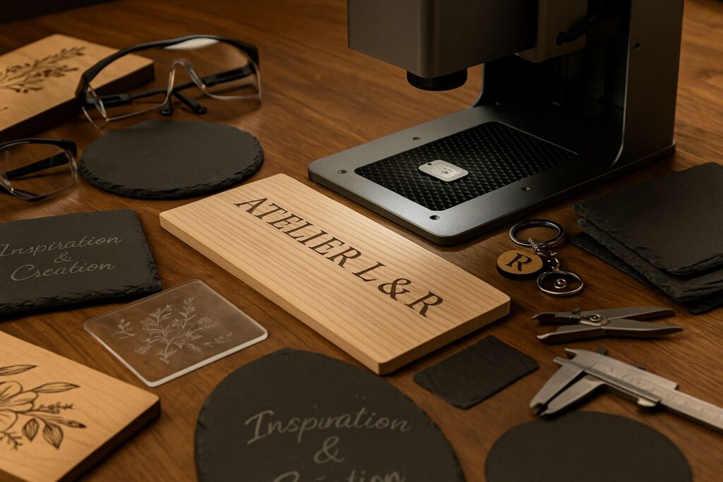 Processus créatif Atelier L & R — gravure personnalisée sur bois, ardoise, plexiglass et bijoux.