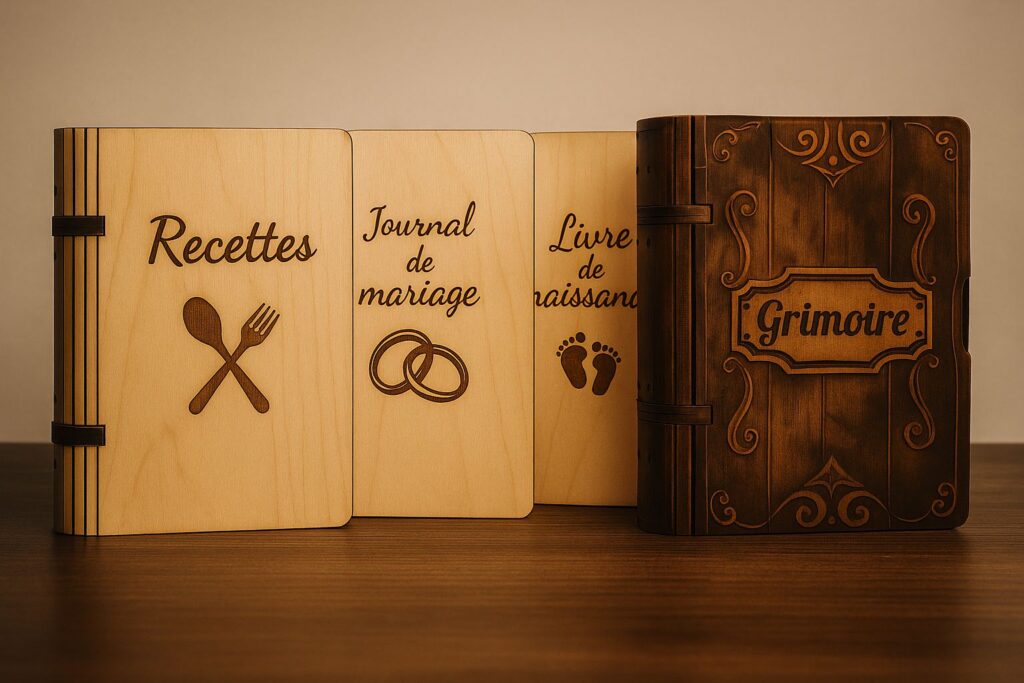 Livres en bois gravés personnalisés — recettes, mariage, naissance, souvenirs — Atelier L & R.