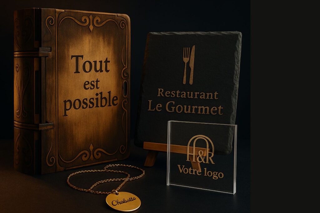 Personnalisation et gravures sur mesure — bois, ardoise, plexiglass, bijoux — Atelier L & R.