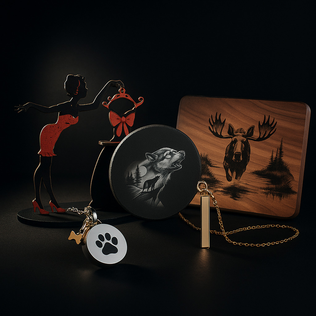 Produits gravés d’Atelier L & R : planche en bois, médaille pour animal, plaque en ardoise et bijou commémoratif