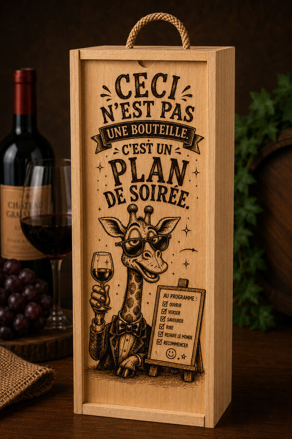 Boîte à vin gravée – Ceci n’est pas une bouteille, c’est un plan de soirée