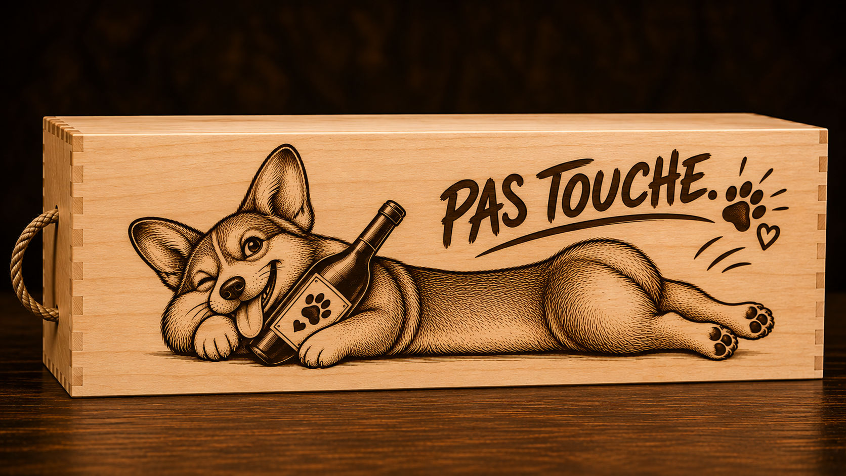 Boîte à vin en bois – Corgi « Pas touche… »