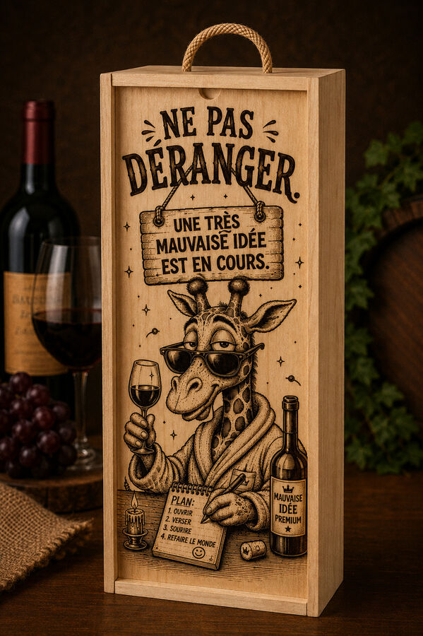 Boîte à vin gravée – Ne pas déranger, une très mauvaise idée est en cours
