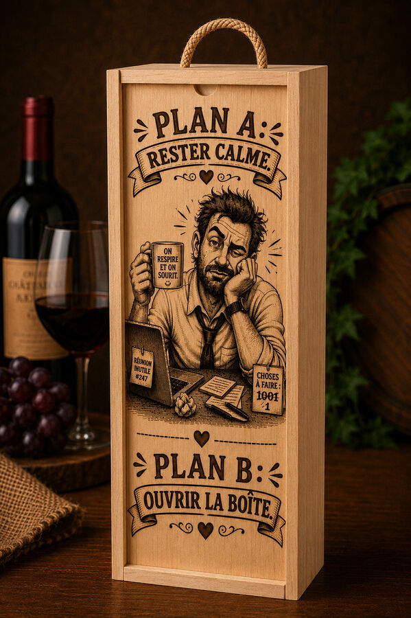Boîte à vin gravée – Plan A : rester calme / Plan B : ouvrir la boîte – Homme
