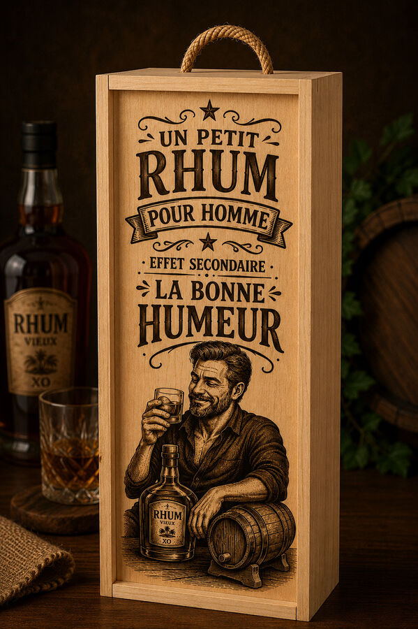 Boîte à vin gravée – Un petit rhum pour homme, effet secondaire : la bonne humeur