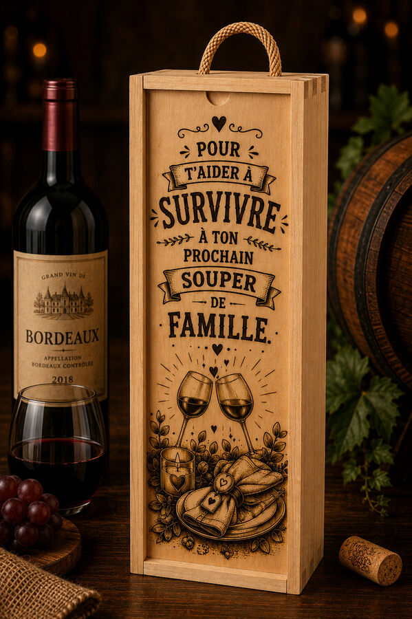 Boîte à vin en bois – Survivre au souper de famille