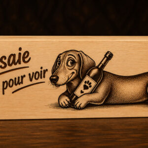Boîte à vin en bois – Teckel « Essaie juste pour voir »