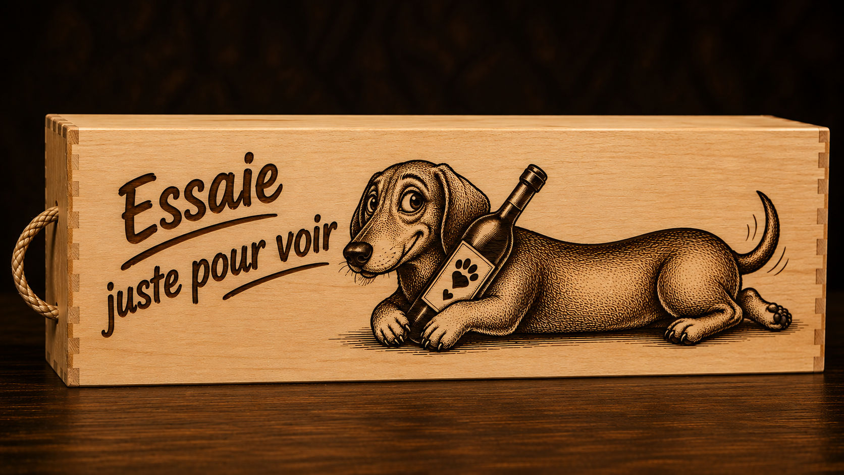 Boîte à vin en bois – Teckel « Essaie juste pour voir »