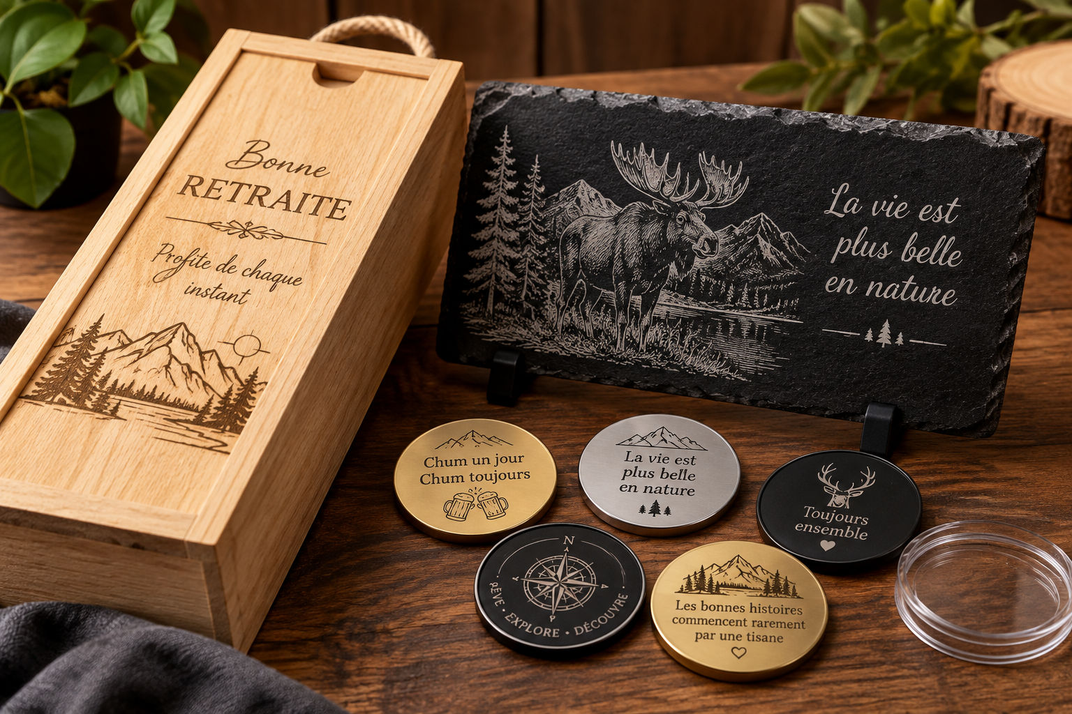 Gravure laser sur bois, ardoise et métal – Atelier L & R